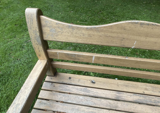 Detail view of a 9 year old Beverley Bench with a light varnish