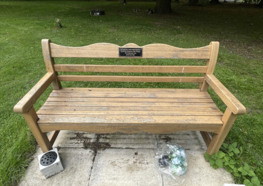 Front view of a 9 year old Beverley Bench with a light varnish