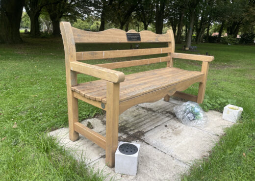 Side view of a 9 year old Beverley Bench with a light varnish