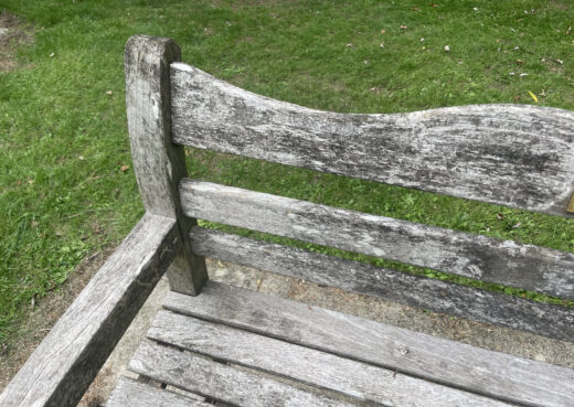 Detail view of a 25 year old naturally silvered Beverley Bench