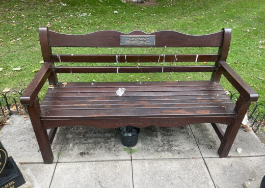 Front view of a 16 year old Beverley Bench with dark varnish