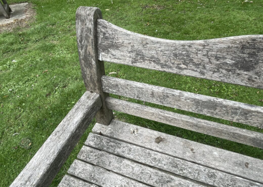 Detail view of a 12 year old naturally silvered Beverley Bench