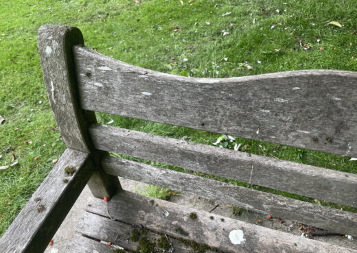 Detail view of a 35 year old naturally silvered Beverley Bench