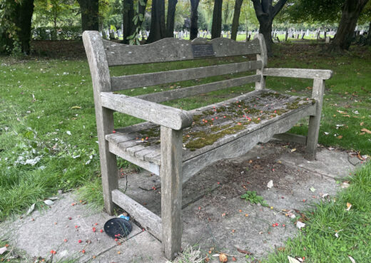 Side view of a 35 year old naturally silvered Beverley Bench