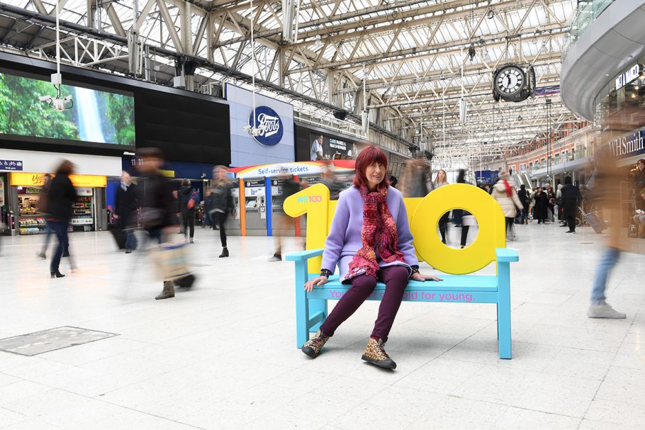 Janet Street Porter modelling the WE100 public bench