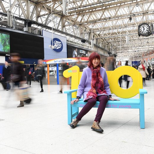 Janet Street Porter modelling the WE100 public bench