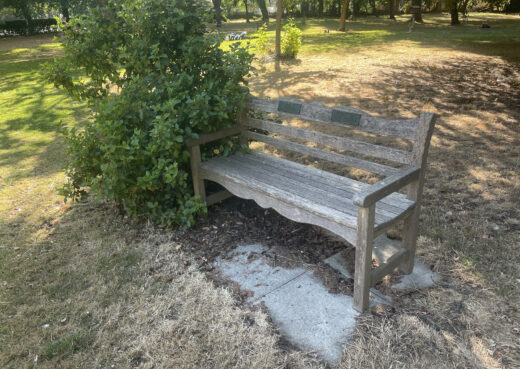Weathered Beverley Memorial Bench by a bush in the Chanterlands Crematorium