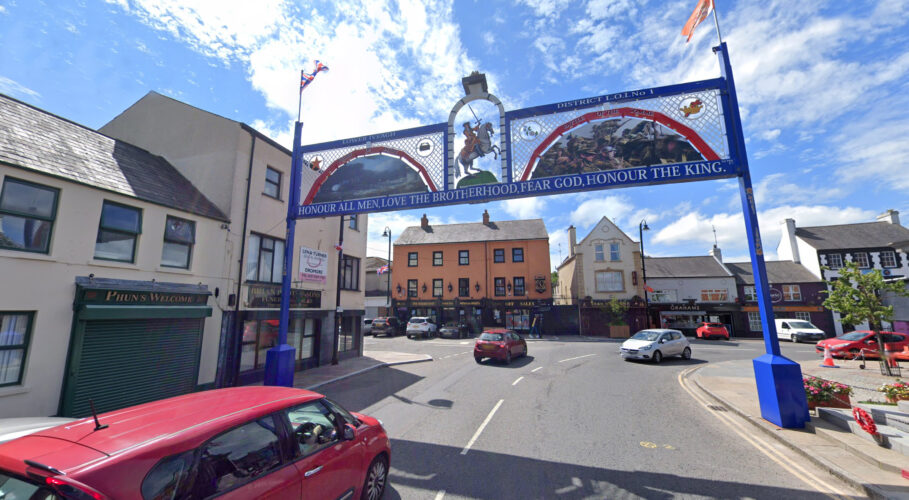 Decorative archway in Dromore town centre with surrounding streets and public realm features