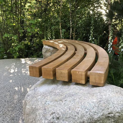 Close up of the Woodcraft bench at RHS Chelsea Flower Show 2019