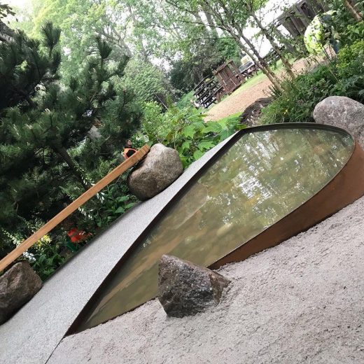 Our bench by the tranquil pool at the RHS Chelsea Flower Show 2019