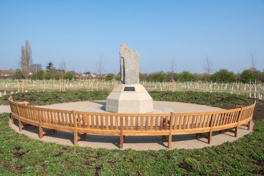 Full view of our curved wooden bench at the Havering Borough Council Covid 19 memorial