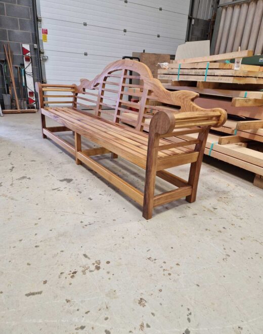 Finished Lutyens-style garden bench handcrafted by Woodcraft UK ready for delivery to The Hurlingham Club in Fulham, London.