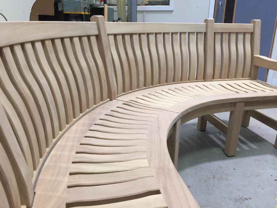 Close up of the curved Scarborough memorial bench