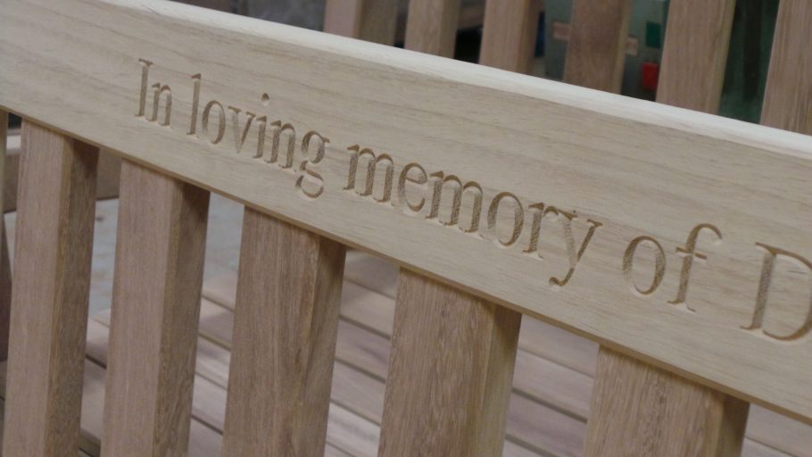 Inscription on 8 foot Mendip bench for fishing spot