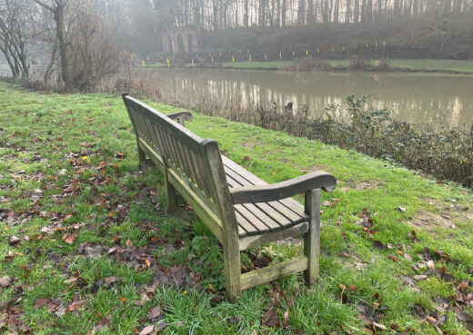 Overlooking the fishing lake, the Risby bench 3 years on