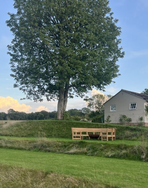 The all new Rosedale Curved bench by a large tree
