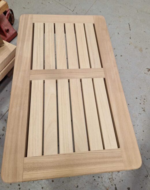 Bespoke outdoor coffee table in our workshop, another top view