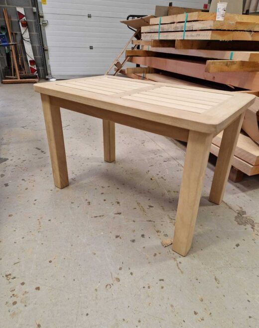 Bespoke outdoor coffee table in our workshop side view