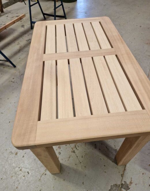 Bespoke outdoor coffee table in our workshop top view