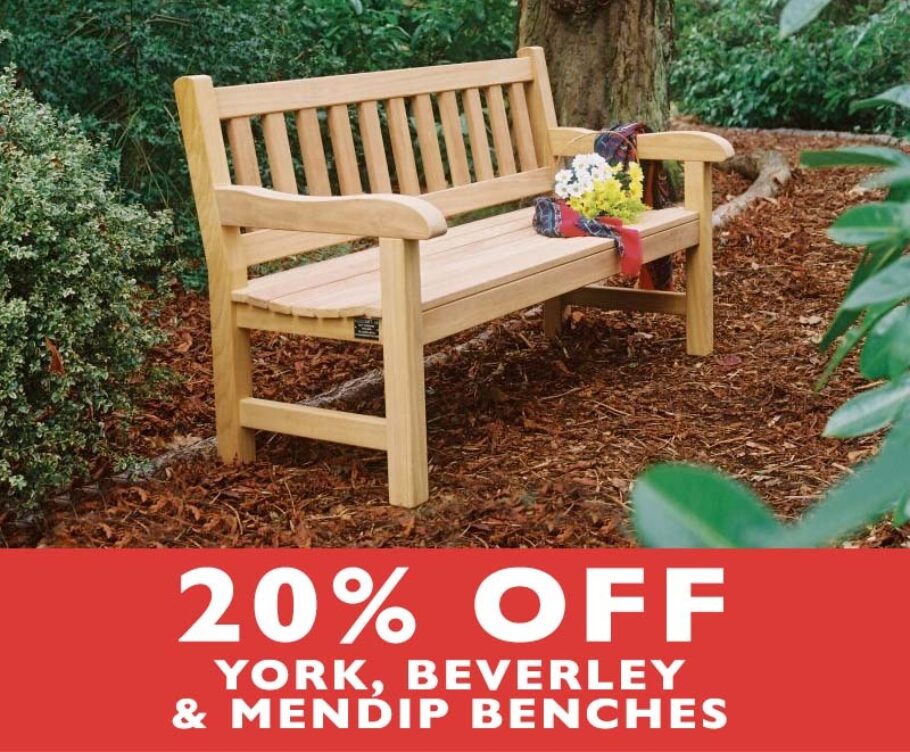 20% OFF our range of York, Beverley and Mendip garden benches