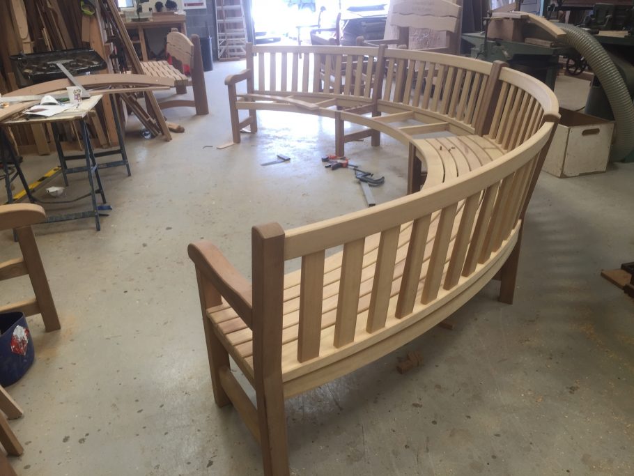 A bespoke curved bench under construction