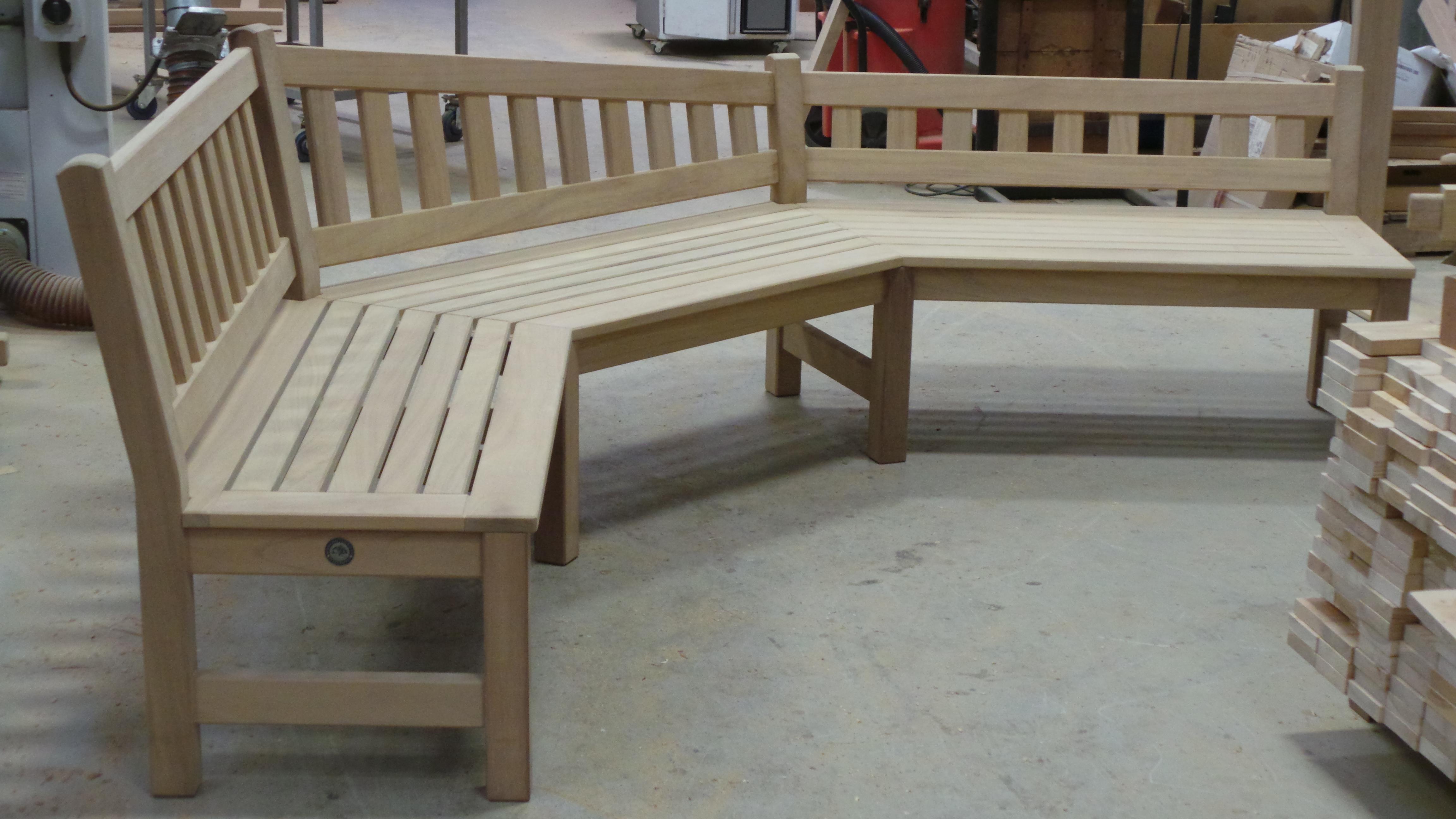 Bespoke corner angled wooden garden bench and table Woodcraft UK
