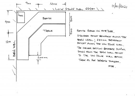 CAD drawing of the garden bench and table