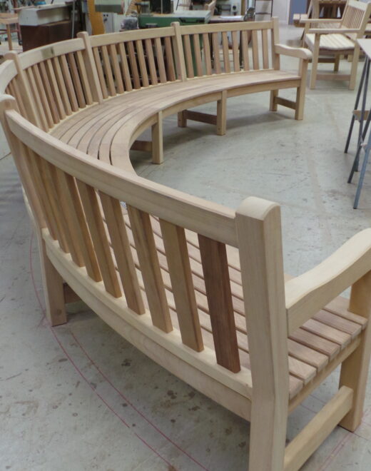 Our curved wooden bench for Bushy Park