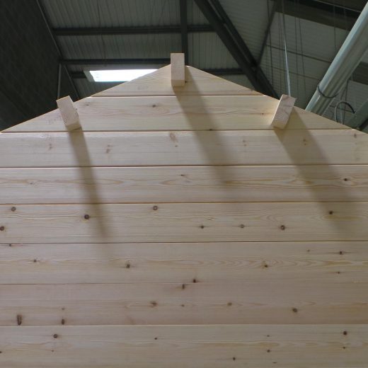 Side view of wooden cabin with roof joists in place