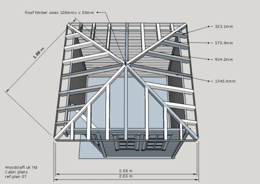 Birds eye view of wooden cabin showing roof joists 