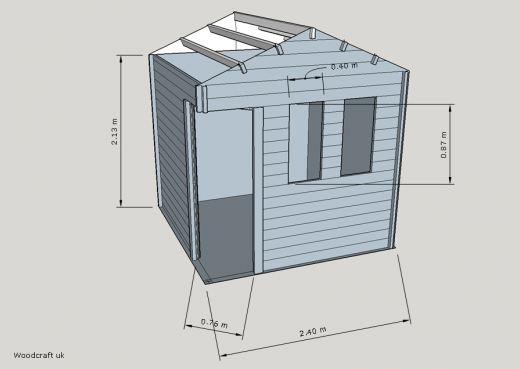 Wooden cabin showing apex roof joists with sizes