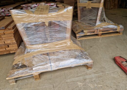 Garden tables packed on to pallets ready for their journey