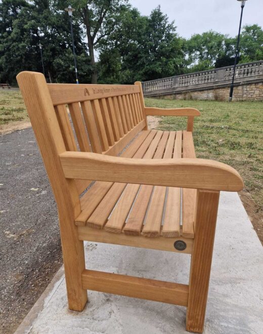 Oak York memorial bench overlooking the lakeside at East Park in Hull