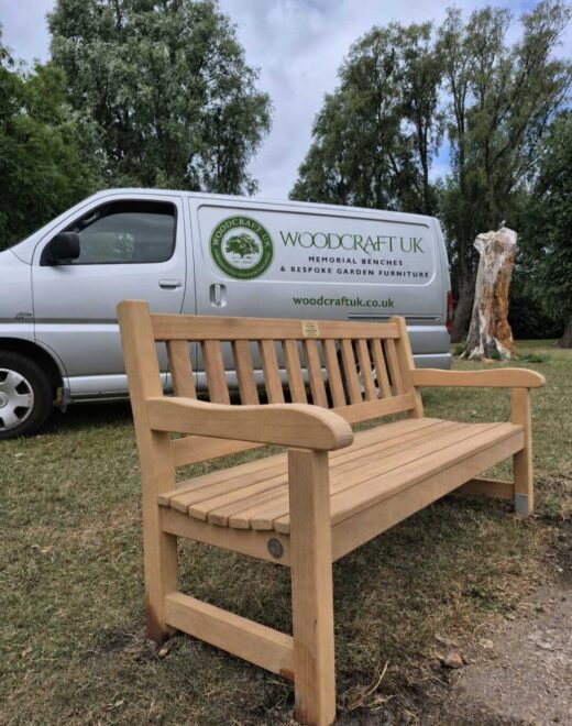 New 6ft Woodcraft York memorial bench beside the Woodcraft UK van in East Park, Hull