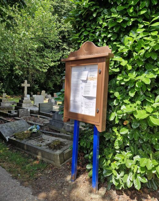 Woodcraft community notice board installed within Hedon Cemetery for public notices and information.