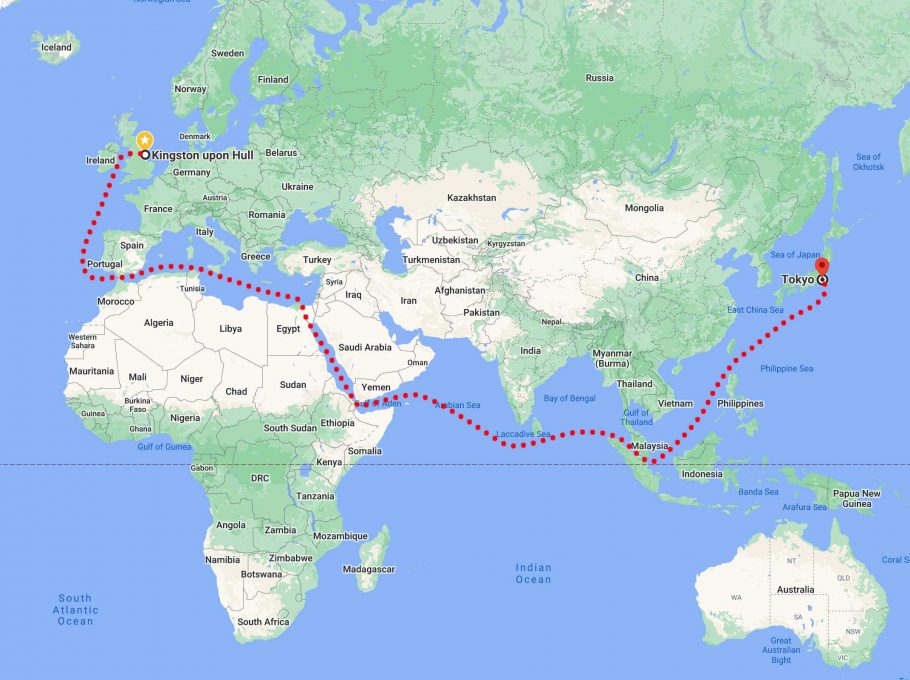 The route our memorial benches will take from UK to Japan