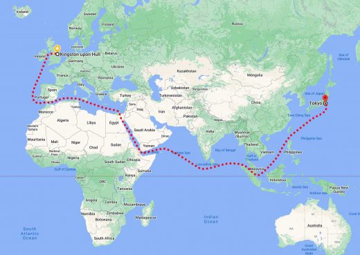 The route our memorial benches will take from UK to Japan