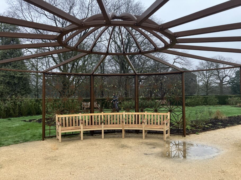 Bespoke curved bench under Heather Burrell pergola structure at Greenwich Park