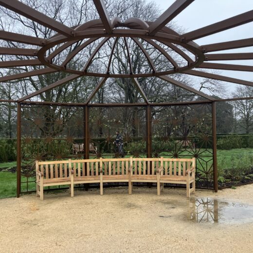 Bespoke curved bench under Heather Burrell pergola structure at Greenwich Park
